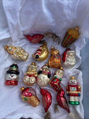 Christmas Magic! 14 Vintage Glass Ornaments Santa Snowmen Birds & More